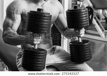 Strength training with dumbbells. Husky holds a large dumbbell in hand. Sport, bodybuilding, healthy lifestyle.