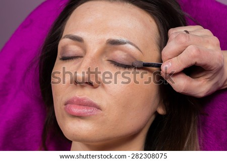 Work of make-up artist. Makeup artist apply makeup on the face of the girl model. Painting of eyebrows. Application of shadows on the model\'s eyes.