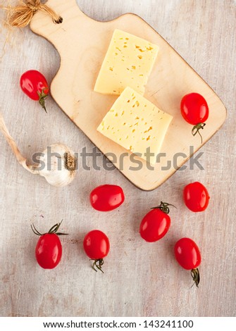 food ingredient - cheese, tomato, garlic, top view