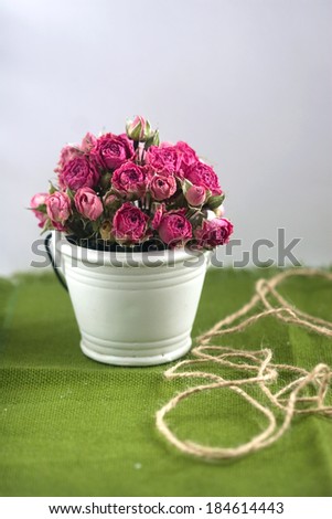 bouquet of pink roses in a decorative small white bucket on a green background