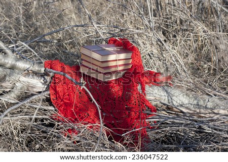Books in red cover tied with coarse thread on a bright red shawl outdoors