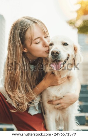 Similar – Image, Stock Photo Girl and dog with red suitcase happy for vacation