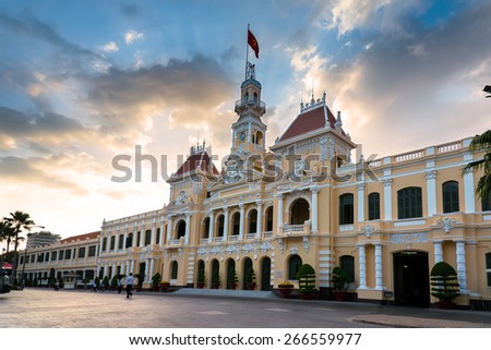 HOCHIMINH city, VIETNAM - FEB 27,2015 : The Hochiminh city hall is a colonial architecture style in vietnam