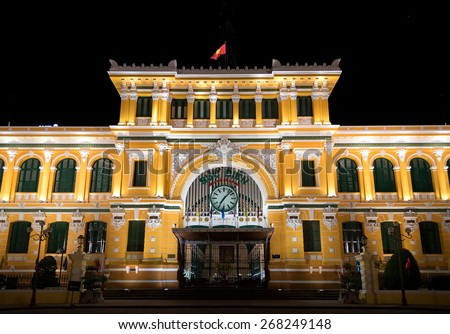 Ho chi minh, Vietnam- FEB 27, 2015 : Saigon central post office in night time to show lighting design.