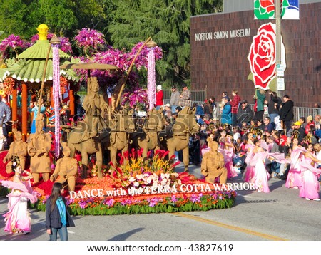 PASADENA, CA - JANUARY 1: Bringing Chinese history to life, spectators viewed the Terra Cotta Warriors on the Phoenix TV float, in the Rose Bowl Parade on January 1, 2010 in Pasadena, California.
