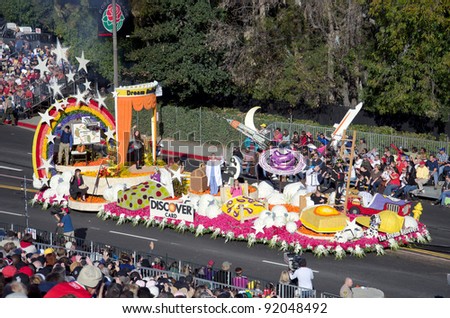 PASADENA, CA - JANUARY 2: The Discover Card Float called: The Dream Believers, participated in the 123rd Tournament of Roses Parade on January 2, 2012 in Pasadena, California.