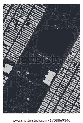 Central Park with the lake in Manhattan, New York City, USA black and white poster with footpaths and nearby buildings, neighborhood footprint plan