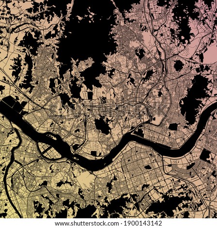 Seoul, South Korea (KOR) - Urban vector megacity map with parks, rail and roads, highways, minimalist town plan design poster, city center, downtown, transit network, gradient blueprint