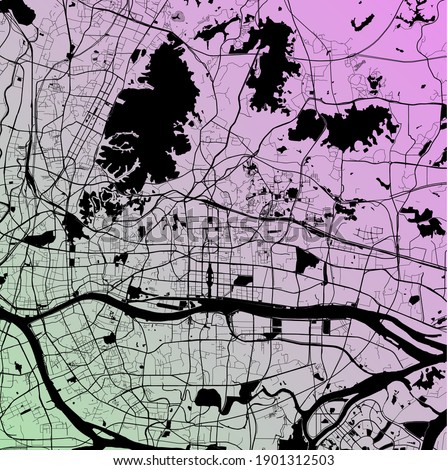 Guangzhou, Guangdong, China (CHN) - Urban vector megacity map with parks, rail and roads, highways, minimalist town plan design poster, city center, downtown, transit network, gradient blueprint