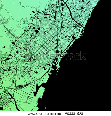 Barcelona, Cataluña, Kingdom of Spain (ESP) - Urban vector city map with parks, rail and roads, highways, minimalist town plan design poster, city center, downtown, transit network, gradient blueprint