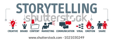 Storytelling concept for web banners, hero images, printed materials vector illustration with keywords and icons Stock foto © 