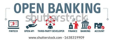 open banking vector illustration banner with icons, symbols and keywords
