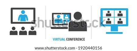 Icon Set shows employees who speak on video call with diverse colleagues on online event briefing. Telecommuting worker have Webcam group conference with coworkers -  Vector Illustration Concept