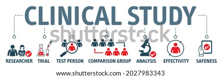 Banner clinical study and clinical trial concept - researcher, trial, test person comparison group analysis effectivity and safeness vector illustration with icons and keywords Foto stock © 