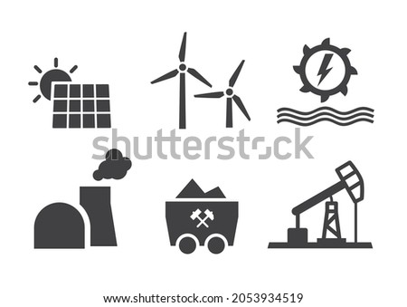 Energy icons collection - solar, hydroelectric power, wind power, nuclear power plant, coal and oil production - vector illustration concept