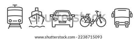 Outline symbols and signs of transportation topics such as bus, car, bicycle, train and ferry - editable vector thin line icon collection on white backround