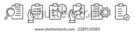 Checklist and clipboard Business outline symbols and signs - editable vector thin line icon collection on white background