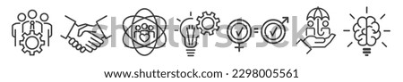 Outline symbols and signs of core values such as collaboration, business ethics, integrity, social responsibility and equalization - editable vector thin line icon collection on white background Сток-фото © 