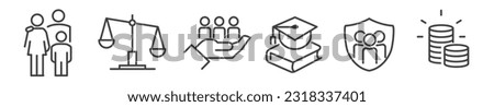 Collection of social policy related vector thin line icons - Outline web icon set on white background - Editable Stroke