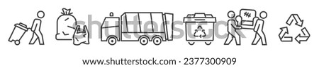 Collection of waste disposal and solid waste management - garbage, bulky waste, Garbage truck, recycling and more - vector editable thin line icons on white background