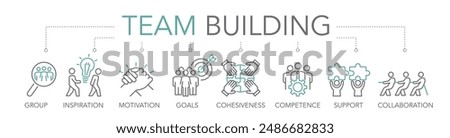 Team building - collaborative tasks concept. Keywords and editable thin line vector icons two-tone