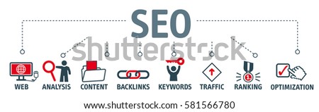 Banner SEO search engine optimization concept. Keywords and pictogram