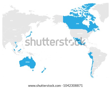 Map of Comprehensive and Progressive Agreement for Trans-Pacific Partnership, CPTPP or TPP11. Blue highlighted member states. Vector illustration.