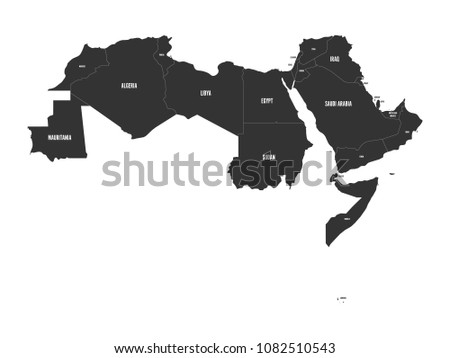 Arab World states. Political map of 22 arabic-speaking countries of the Arab League. Northern Africa and Middle East region. Vector illustration.