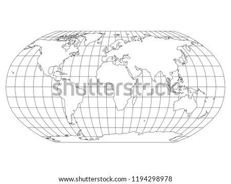 World Map in Robinson Projection with meridians and parallels grid. White land with black outline. Vector illustration.