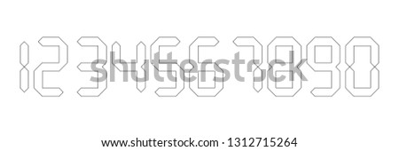 White digital numbers with black outline. Seven-segment display is used in calculators, digital clocks or electronic meters. Vector illustration.