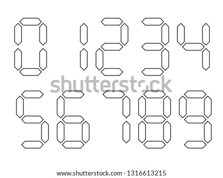 White digital numbers with black outline. Seven-segment display is used in calculators, digital clocks or electronic meters. Vector illustration.