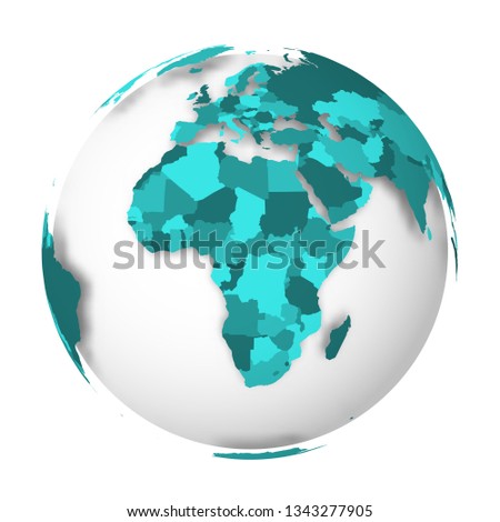 Blank political map of Africa. 3D Earth globe with turquoise blue map. Vector illustration.