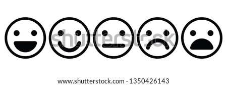 Basic emoticons set. Five facial expression of feedback - from positive to negative. Simple black outline vector icons.