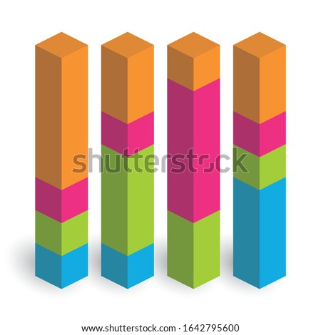 Stacked bar chart of 4 columns. 3D isometric colorful vector graph.
