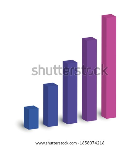 Bar chart of 5 growing columns. 3D isometric colorful vector graph. Economical growth, increase or success theme.