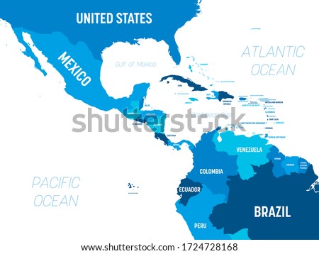 Central America map - green hue colored on dark background. High detailed political map Central American and Caribbean region with country, capital, ocean and sea names labeling. Сток-фото © 