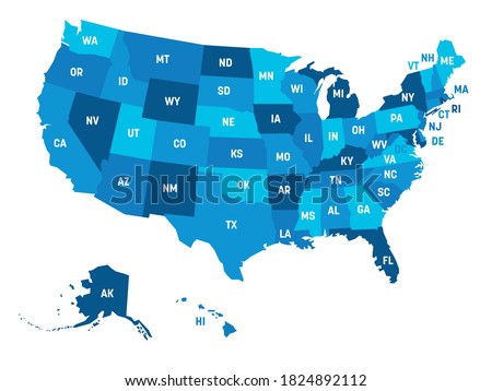 Map of United States of America, USA, with state postal abbreviations. Simple flat vector illustration