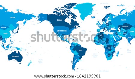 World map - America centered. Green hue colored on dark background. High detailed political map of World with country, capital, ocean and sea names labeling.