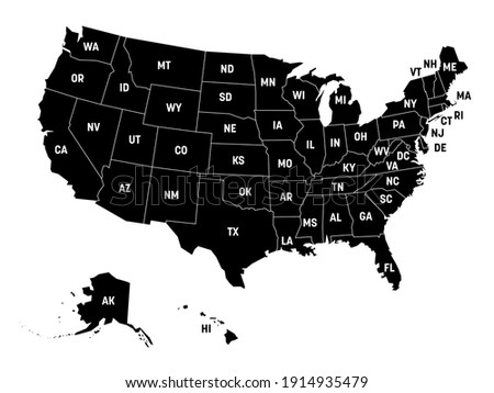 Black map of United States of America, USA, with state postal abbreviations. Simple flat vector illustration