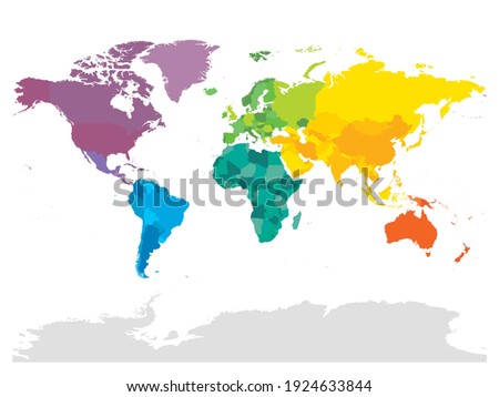 Colorful political map of World. Different colour shade of each continent. Blank map without labels. Simple flat vector map.