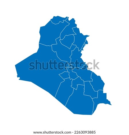 Iraq political map of administrative divisions - governorates and Kurdistan Region. Solid blue blank vector map with white borders.