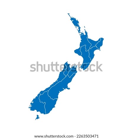 New Zealand political map of administrative divisions - regions. Solid blue blank vector map with white borders.