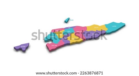East Timor political map of administrative divisions - municipalities and Special Administrative Region Oecusse-Ambeno. Colorful 3D vector map with dropped shadow and country name labels.