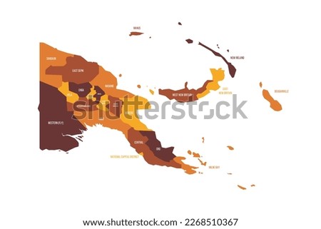 Papua New Guinea political map of administrative divisions - provinces, autonomous region and National Capital District. Flat vector map with name labels. Brown - orange color scheme.
