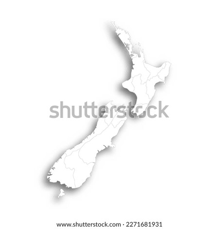 New Zealand political map of administrative divisions - regions. Flat white blank map with thin black outline and dropped shadow.