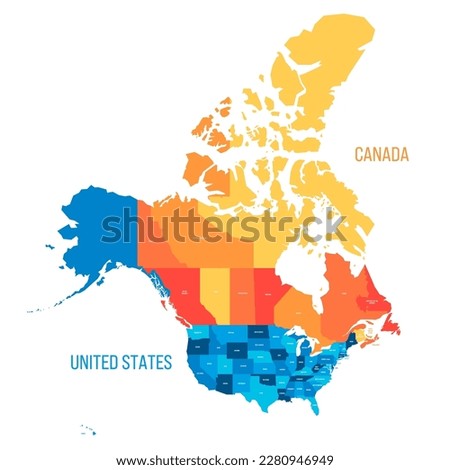 United States and Canada political map of administrative divisions. Colorful vector map with labels.