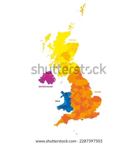 United Kingdom of Great Britain and Northern Ireland, UK. Metropolitan and non-metropolitan counties and unitary authorities of England, districts of Northern Ireland, council areas of Scotland