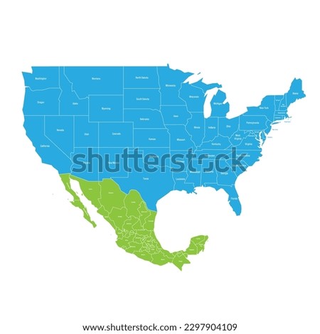 United States and Mexico political map of administrative divisions. Colorful vector map with labels.