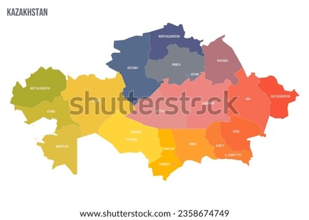 Kazakhstan political map of administrative divisions - regions and cities with region rights and city of republic significance Baikonur. Colorful spectrum political map with labels and country name.