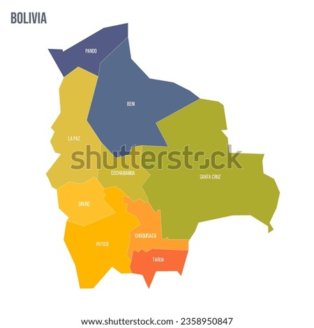 Bolivia political map of administrative divisions - departments. Colorful spectrum political map with labels and country name.